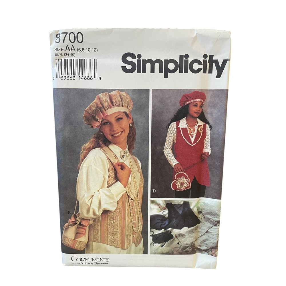 Simplicity 8700 Vest Beret Bags Sewing Pattern Misses Size 6-12 Uncut FF Vintage